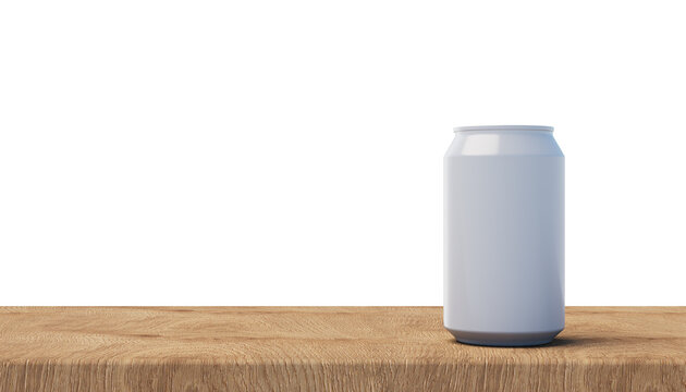 Aluminum can standing on a wooden board with a white background. 3d rendering