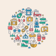 Camping card with camp icons such us bicycle, camper, backpack, tent, fish, fire, trees, guitar, sun, car, knife, photocamera color style for decoration, poster, banner, t shirt print, kids camp