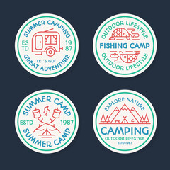 Camping logo set color line style consisting of tent, fish, fire, camper, mountains, trees for tourist symbol, explore emblem, travel badge, expedition label, t shirt print, poster, banner, kids camp