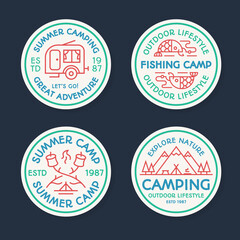 Obraz premium Camping logo set color line style consisting of tent, fish, fire, camper, mountains, trees for tourist symbol, explore emblem, travel badge, expedition label, t shirt print, poster, banner, kids camp