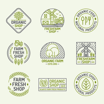 Organic shop and farm fresh logo set color line style isolated on background for natural product company, healthy food market, vegan cafe, eco store, nature firm, garden, farming. Vector Illustration