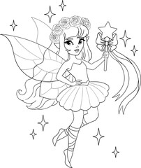 Cute cartoon fairy in flower wreath. Vector outline for coloring page