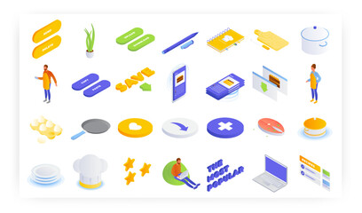 Online recipes and cooking books, vector isometric icon set. The most popular and saved food recipes.