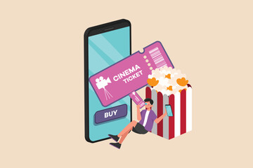 Popcorn, movie eyeglasses and online ticket cinema with mobile phone. Online ticket concept. Colored flat cartoon vector illustration.