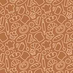 Bakery seamless pattern consisting of food and baking accessories line style for use decoration identity food market, cafe, bread house, cupcake firm, coffee shop, loaf store. Vector Illustration