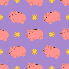 Seamless pattern of pink piggy bank with gold dollar coins. Finance, budget planning, savings funds, banking and investment. 
