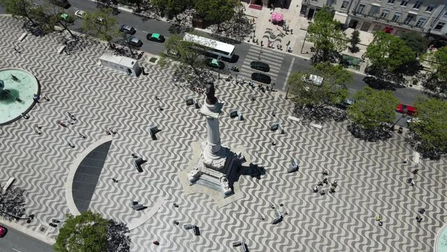 A drone camera flies around the monument to King Pedro IV in Lisbon, Portugal
