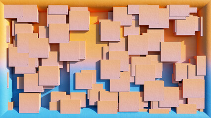 3D orange-blue wall texture, volumetric squares or random bricks. Relief texture of ceramics with natural light and shadows. Abstract creative pattern with a gradient