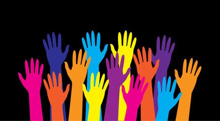 Fototapeta premium Colorful hands raised up on a black background. Design for banner, postcard, background. Vector illustration
