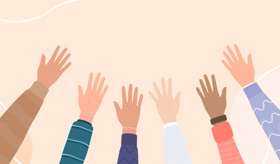 Social diversity concept, Hands up of different types of skins design, Teamwork, collaboration, voting concert, People raising hands in the air, Hands Diverse Diversity Ethnic Ethnicity Variation, Int