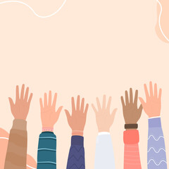 Obraz premium Social diversity concept, Hands up of different types of skins design, Teamwork, collaboration, voting concert, People raising hands in the air, Hands Diverse Diversity Ethnic Ethnicity Variation, Int