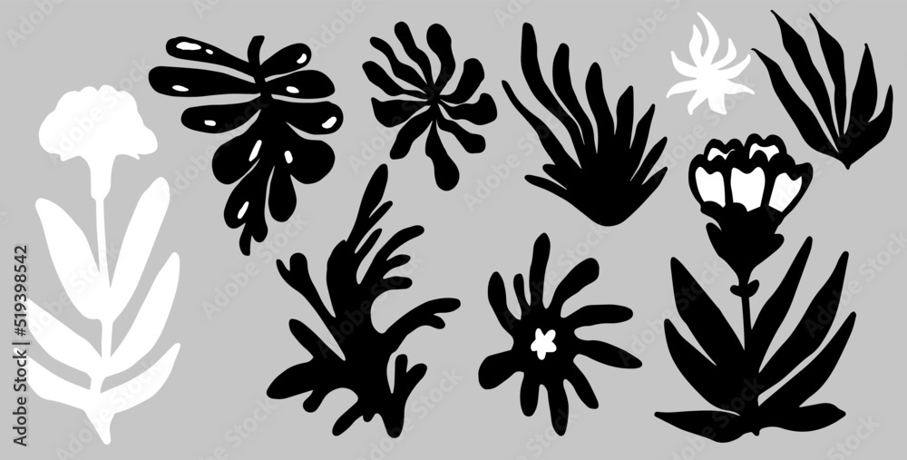 Poster set of botanical elements for poster, cover, pattern design. black flowers and leaves in fauvism and
