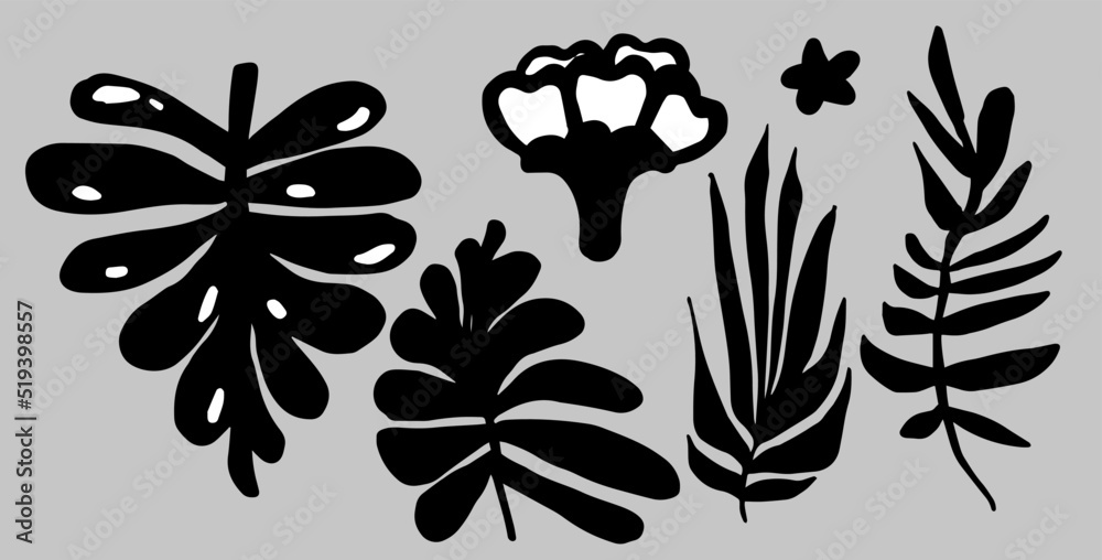 Poster set of botanical elements for poster, cover, pattern design. black flowers and leaves in fauvism and