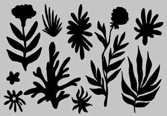 Set of botanical elements for poster, cover, pattern design. Black flowers and leaves in Fauvism and Modernism art style.