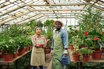 Horizontal medium long shot of two ethnically diverse young people working together in modern greenhouse looking at camera