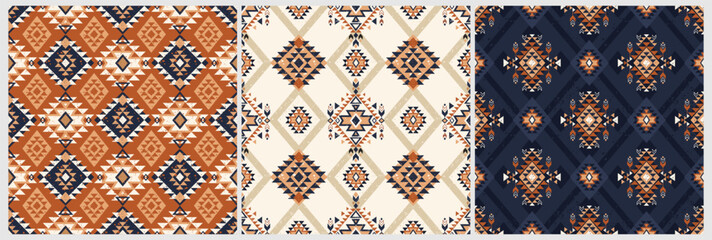 Aztec geometric backgrounds. Set of three ethnic seamless patterns. Stylish navajo design. Modern handmade abstract wallpaper. Vector illustration.