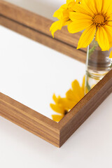 Bush sunflower on mirror tray.. Aesthetic minimalist composition.