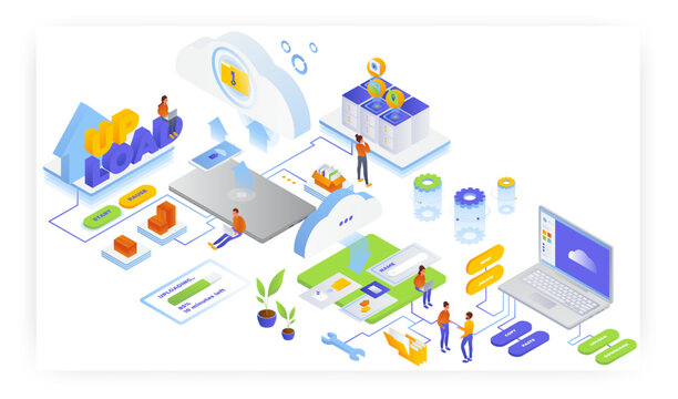Cloud storage and file transfer services, vector isometric illustration. Upload files to cloud storage, edit files in it