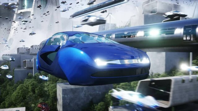 People in flying car. Futuristic city. flying car traffic. Future concept. Realistic 4k animation.