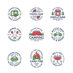 Camping logo set color style consisting of camper, mountain, backpack, tent, fish, fire, bicycle, barbecue, grill, trees for tourist symbol, travel badge, expedition label, explore emblem, hiking