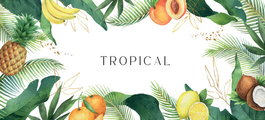 Watercolor vector background with fruits and tropical green leaves.