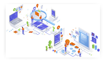 Information searching and website page content creation, flat vector isometric illustration.