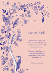 Garden Birds. Invitation. Vector vintage illustration. Blue and pink