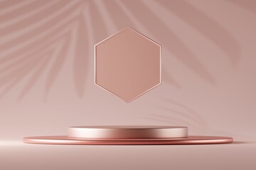 Trendy podium beauty product display, Natural light from windows and leaves shadows, Minimal empty pedestal scene mockup, Luxury rose gold background, 3D rendering illustration concept