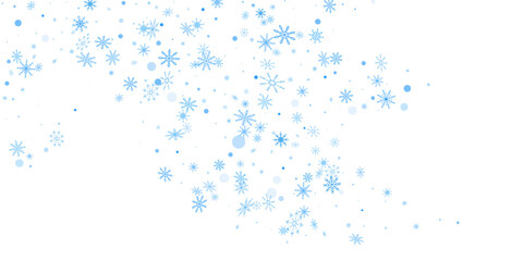 Blue delicate openwork snowflakes scatter on a white background. Festive background, postcard design, wallpaper