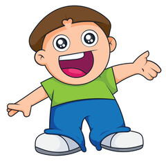 Obraz premium Cute boy standing and presenting something with his hand. Product presentation or offer showing concept. vector illustration