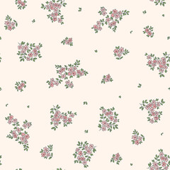 Cute seamless vector floral pattern. Endless print made of small pink flowers. Summer and spring motifs. Ivory background. Stock vector illustration.