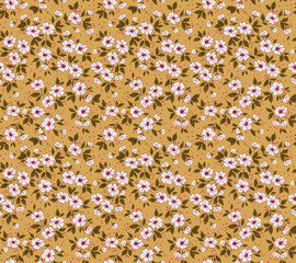 Cute seamless vector floral pattern. Endless print made of small white flowers. Summer and spring motifs. Beige mustard background. Stock vector illustration.