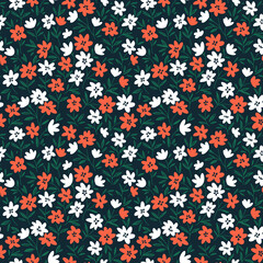 Fototapeta na wymiar Vintage seamless floral pattern. Liberty style background of small white and orange flowers. Small flowers scattered over blue a background. Stock vector for printing on surfaces. Abstract flowers.