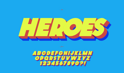 Heroes vector font 3d bold style trendy typography for event, poster, decoration, motion, video, game, t shirt, book, banner, printing. Cool typeface. Modern alphabet. 10 eps