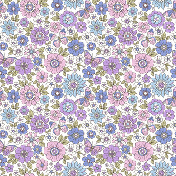Colorful 60s -70s style retro hand drawn floral pattern. Purple flowers. Vintage seamless vector background. Hippie style, print for fabric, swimsuit, fashion prints and surface design. Stock.