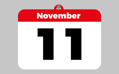 November, 11. White and red calendar.