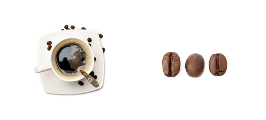 Cup of coffee and coffee beans isolated on white background