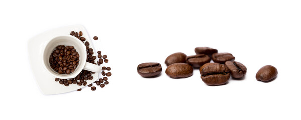 Cup of coffee and coffee beans isolated on white background