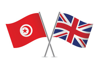 Tunisia and Britain crossed flags. Tunisian and British flags on white background. Vector icon set. Vector illustration.