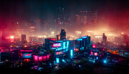 Night city, neon lights of the metropolis. Reflection of neon lights in the water. Modern city with high-rise buildings. Night street scene, city on the ocean. 3D illustration.