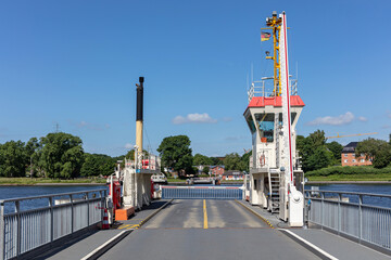 Fototapeta na wymiar Kiel Canal ferry at crossing point Schacht-Audorf - Nobiskrug