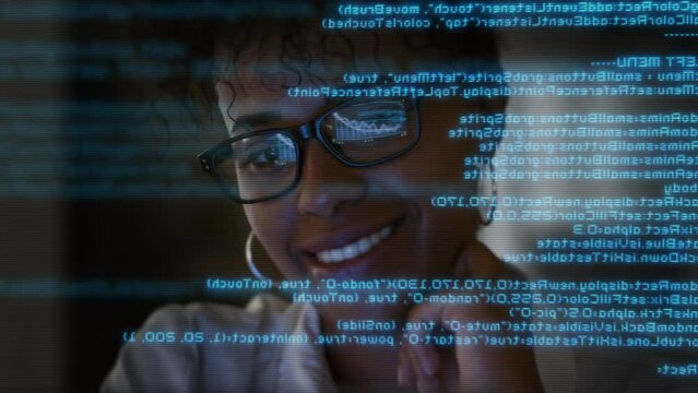 

App Programmer Looking at Hologram of Program Code Machine Learning Data Algorithm.
Lateral Dolly Focused Young African American Software Developer or Engineer Programming Code Writing and Smiling.