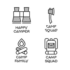 Camping Logo Icon Design in minimalist Line Art Style with Quote Camp Squad. Travel linear Emblem. Hiking Silhouette Label. Stock vector Badges Set
