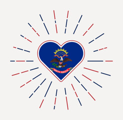 North Dakota heart with flag of the us state. Sunburst around North Dakota heart sign. Vector illustration.