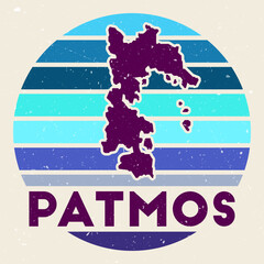 Patmos logo. Sign with the map of island and colored stripes, vector illustration. Can be used as insignia, logotype, label, sticker or badge of the Patmos.