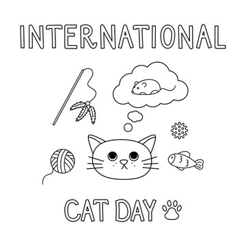 International Cat day vector lined postcard. Isolated linear cartoon cat dreaming about mouse toy on white