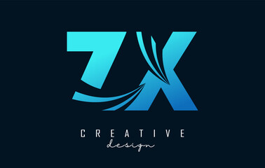 Creative blue letter ZX z x logo with leading lines and road concept design. Letters with geometric design. Vector Illustration with letter and creative cuts.