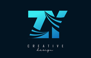 Creative blue letter ZY z y logo with leading lines and road concept design. Letters with geometric design. Vector Illustration with letter and creative cuts.