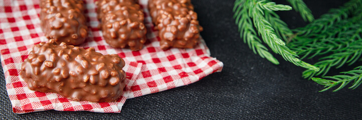 christmas chocolate chip cookies nuts, dried fruits New Year sweet dessert home holiday atmosphere meal food snack on the table copy space food background rustic top view