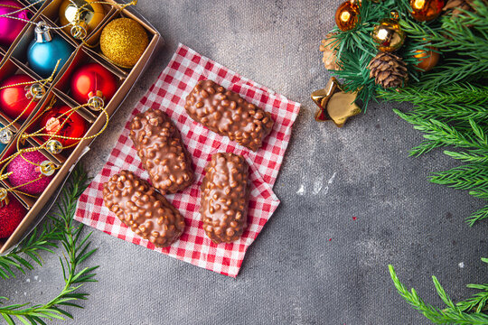 christmas chocolate chip cookies nuts, dried fruits New Year sweet dessert home holiday atmosphere meal food snack on the table copy space food background rustic top view